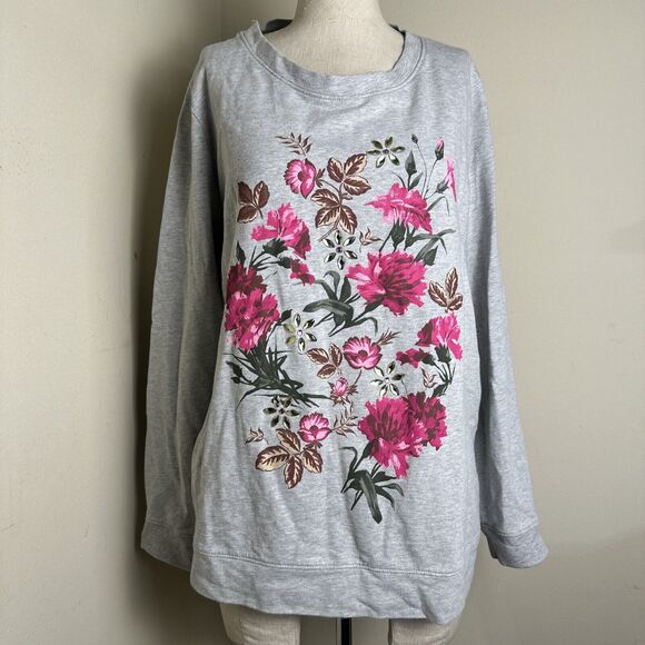 Denim & Co. Cotton Pullover Top with Colorful Rhinestone Embellishing Floral XL - Picture 1 of 8